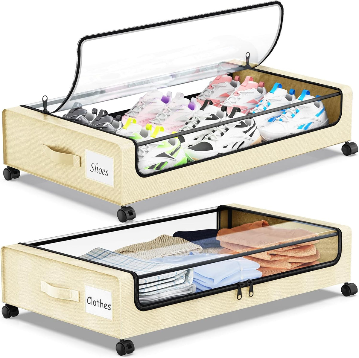 Under Bed Storage with Wheels, 2-Pack Underbed Storage Containers with Clear Lids, Under Bed Shoe Storage Organizer, Rolling Under Bed Storage for Clothes Shoes Blankets (Beige)