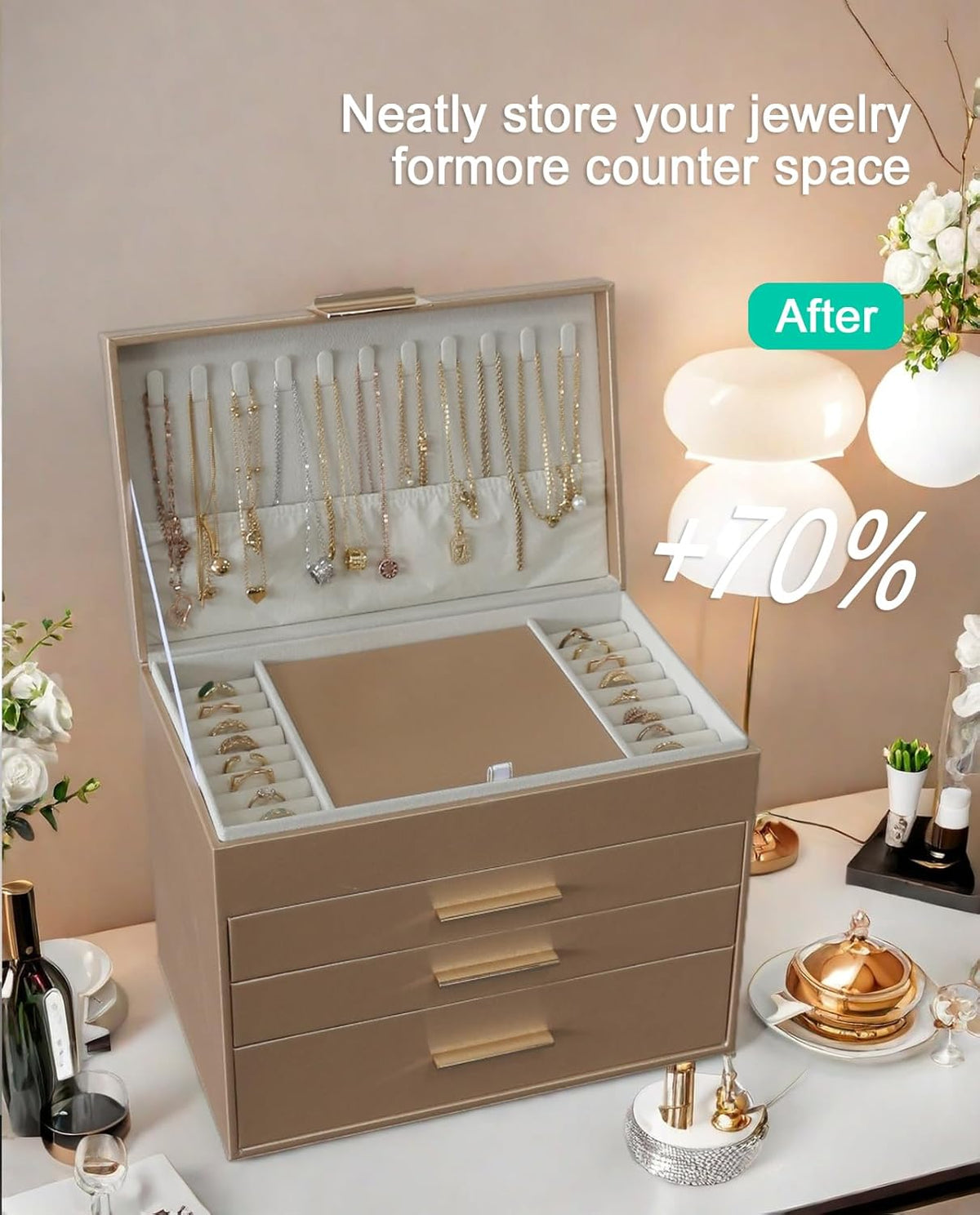 BOOVO Jewelry Boxes for Women, 5 Layer Jewelry Organizer with Necklace Hanger and Drawers, Large Jewelry Box for Earrings, Necklace and Bracelet Storage Gifts for Women and Girls (Gold, 5 Layer)