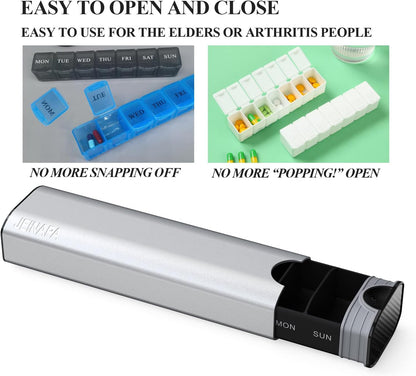 Extra Large Pill Organizer 7 Day, Aluminum Daily Pill Box, Weekly Travel Pill Case, Cute Pill Holder to Hold Vitamins, Medicines, Pills, Supplements