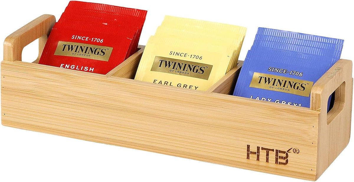 HTB Small Tea Bag Holder, Bamboo Tea Organizer 3 Compartments for Beverage Suppliers, Sugar, Sweeteners, Individual Packets, Portable Tea Bag Organizer for Home Kitchen Counter or Office