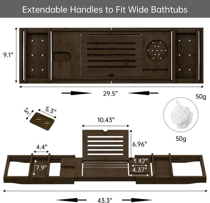 Bamboo Bathtub Tray for Luxury Bathroom, Expandable Premium Bath Tray w/Soap Towel Book Holder, Adjustable Bath Accessories for Tub,Extendable Tub Tray w/Wine Glass Cup Organizer 29.5-43.3" Espresso