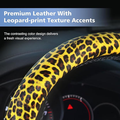 ZHOL Leopard-Cheetah Print Steering Wheel Cover,Made of PU Leather and Leopard Print Fabric,Non-Slip and Breathable Design,Suitable for Both Men and Women,Universal 14.5-15 inches (Black&Yellow)