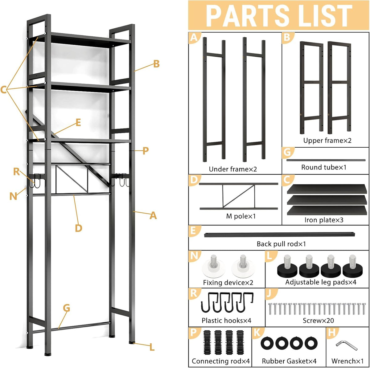 Over The Toilet Storage Cabinet, Metal 3 Tier Bathroom Organizer Shelf, Stable Freestanding Above Toilet Stand, Black