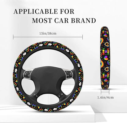 LGBTQ Pride Rainbow Heart Steering Wheel Cover for Women Elastic Rubber Steering Wheel Universal 15 Inch Fit for Cars, Auto, SUVs