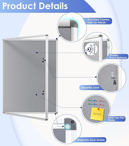 SWANCROWN Enclosed Bulletin Board 48x36in, Tamperproof Lockable Grey Felt Board