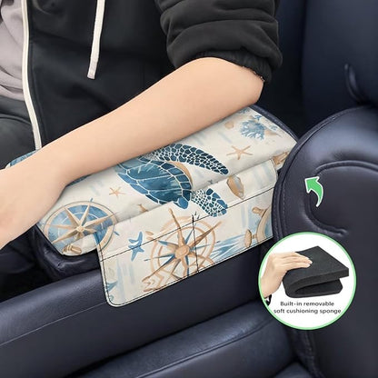 Car Armrest Cover with Pockets, Auto Center Console Pad, Turtle Print Arm Rest Seat Box Protector Car Interior Accessories for Women Men, Fit Most Vehicle,Truck,SUV