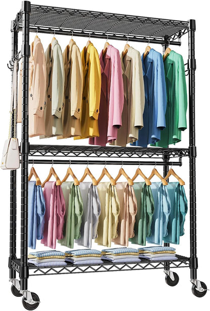Heavy Duty Rolling Garment Rack 3 Tiers Adjustable Wire Shelving Clothes Rack with 2 Rods and Side Hooks, Storage Closet Clothing Rack with Wheels Black 17.7" D x 47.2" W x 83.6" H