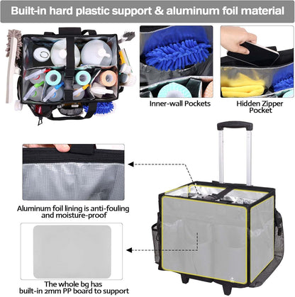 Extra Large Rolling Cleaning Caddy Bag with Detachable, Foldable Trolley Portable Cleaning Cart for Housekeeping Cleaning Caddy with Adjustable Shoulder Strap and Multiple Storage Pockets
