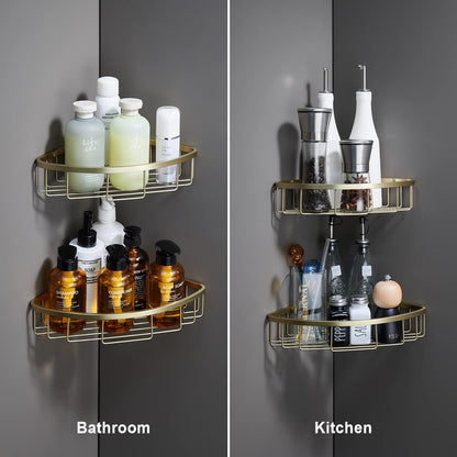 [2 Pack Bathroom Corner Shower Caddy Shelf Organizer, SUS304 Stainless Steel Heavy Duty Rust-Proof Shelf Holder, Wall Mounted Storage Rack for Bathroom Kitchen, Brushed Gold