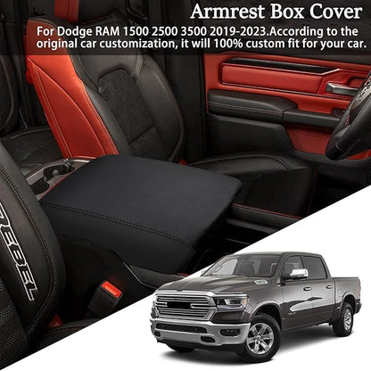 Center Console Cover Anti-Scratch Waterproof Leather Armrest Pad Protector Cushion for Dodge RAM 1500 2500 3500 2019 2020 2021 2022 2023 Interior Accessories(Black)