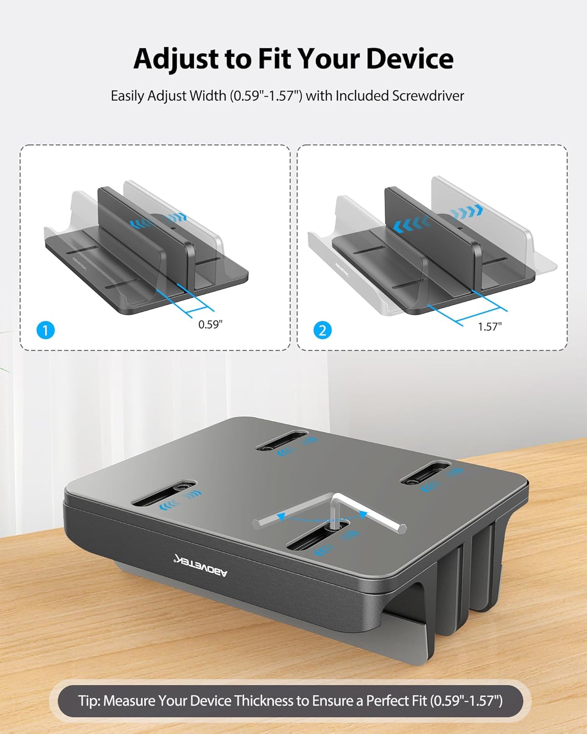 AboveTEK Vertical Laptop Stand, 3 Slots Aluminum Desk Laptop Holder & Laptop Docking Station Stand for MacBook, Tablet, Phone - Universal Fit (Up to 17.3") - Heavy Duty Polished, Anti Slide - Grey