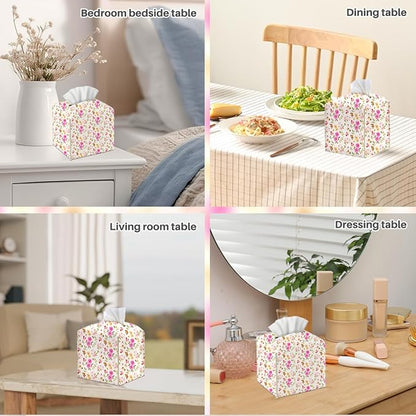 Tissue Box Cover, Tissue Box Holder, Square with Belt Bottom, PU Leather Decorative Organizer for Desk, Table, Countertop Bathroom, Toilet Car, Office, Dresser Bedside, Aesthetic Flowers Fruits Decor