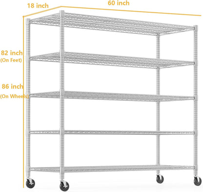 Himimi Storage Shelves with Wheels, 5-Tier Heavy Duty Steel Wire Rack Storage Shelving, Adjustable Metal Storage Shelves for Garage Kitchen Pantry Bathroom Laundry 18" D*60" W*82" H, Silver