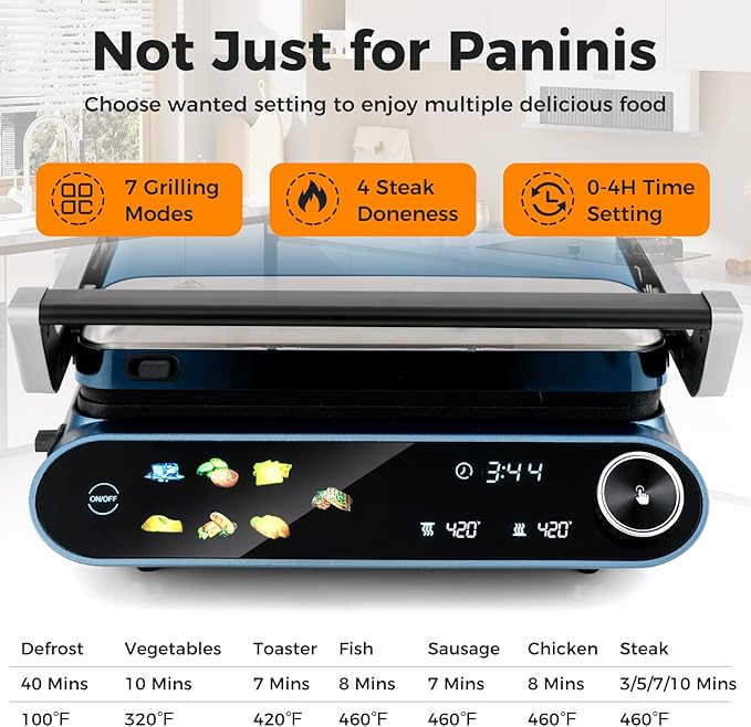 7-In-1 Sandwich Maker with LED Touch Panel & No-Stick Plates, Electric Panini