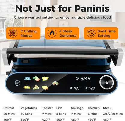 7-In-1 Sandwich Maker with LED Touch Panel & No-Stick Plates, Electric Panini