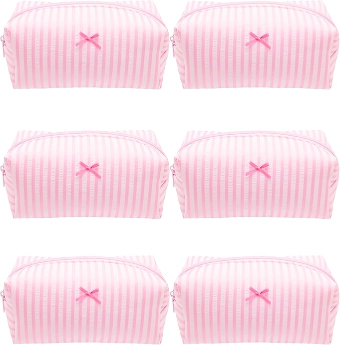 6PCS Cozy Makeup Bag Small Aesthetic Travel Zipper Cosmetic Pouch for Women Make Up Beauty Accessories Brushes, Stripe Cute Pink