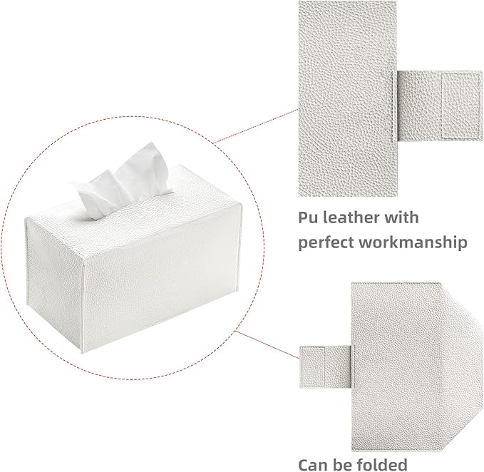 REGELETO Rectangular Tissue Box Cover, Pu Leather Rectangle Tissue Box Holder with Bottom Belt Modern Stylish Tissue Box Organizer for Home, Car, Hotel, Office 9.5"X5"X5" (Off-White)