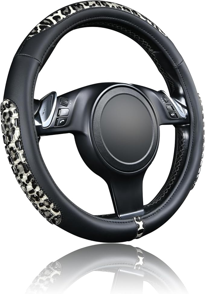 Flying Banner car Steering Wheel Cover Gel Massage Velvet Cool Warm Universal Size 15 inches SUV Truck Anti Slip Odorless Summer Winter (Black Gray Leopard Print, Gel Massage)
