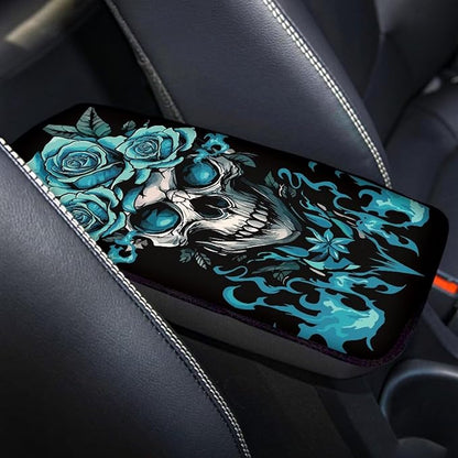 Dreaweet Teal Rose and Skull Center Console Cover Halloween Car Accessories for Women Interior Soft Comfort Vehicle Center Console Armrest Cover Pad Universal Fit Most Cars SUV Sedan