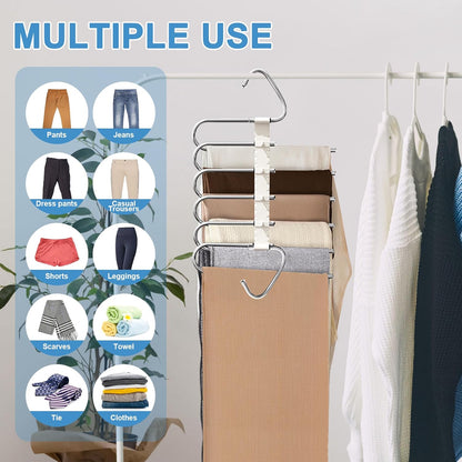 Upgrade 6 Layers Pants Hangers Space Saving, 2 Pack Non Slip Stainless Steel Multifunctional Pants Rack S-Type Pant Closet Hanger Organizer with Hooks for Pants Leggings Trousers, Antiquewhite