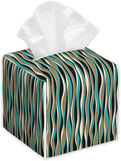 Abstract Geometric Wavy Lines Tissue Box Cover,PU Leather Tissue Box Holder Square,Modern Home Decoration for Bathroom Living Room Kitchen Office Car,5.2"×5.2"×5.2"