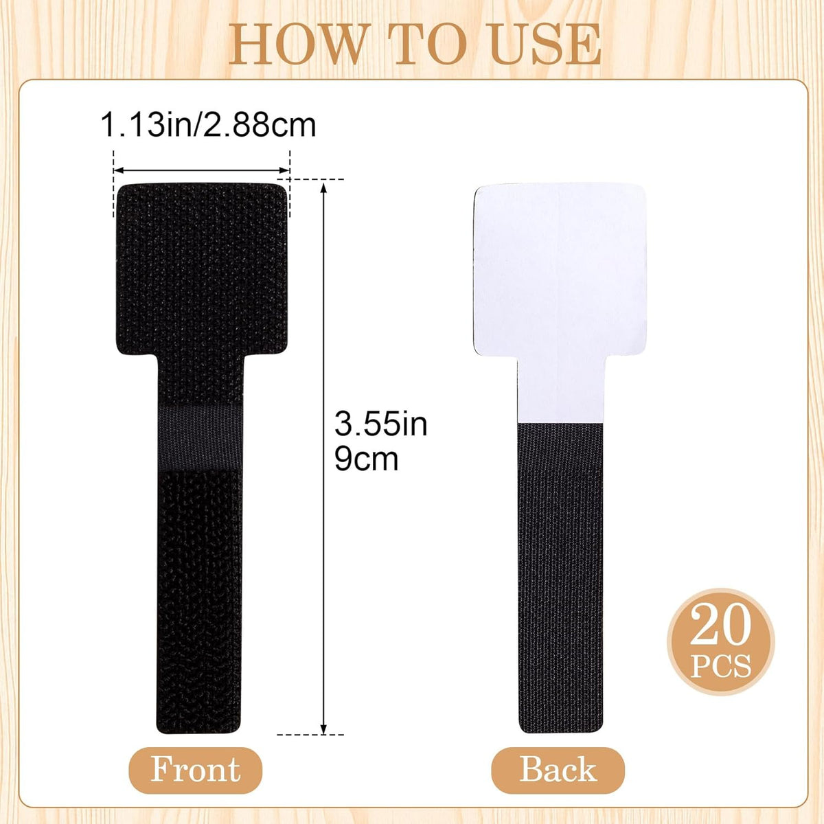 20pcs Hook and Loop Cable Ties, 3.55 Inch Self Adhesive Cable Management Straps for Desktop Network Wires, Adjustable Reusable Appliances Cord Organizer for Office Home Desk - Black