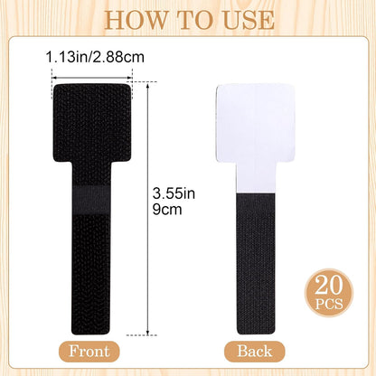 20pcs Hook and Loop Cable Ties, 3.55 Inch Self Adhesive Cable Management Straps for Desktop Network Wires, Adjustable Reusable Appliances Cord Organizer for Office Home Desk - Black