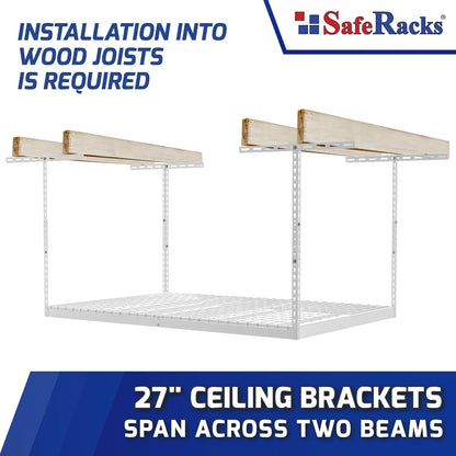 SafeRacks 4x6 Overhead Garage Storage Rack - Height Adjustable Steel Overhead Storage Rack - 500 Pound Weight Capacity (White, 12"-21")