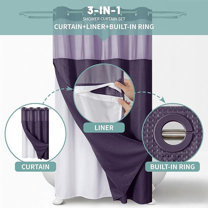 eachope Purple No Hook Waffle Weave Shower Curtain with snap-in Liner Replacement, 230GSM Waterproof Fabric Hotel Shower Curtain Set for Bathroom, Through Mesh Top Window,54Wx80H