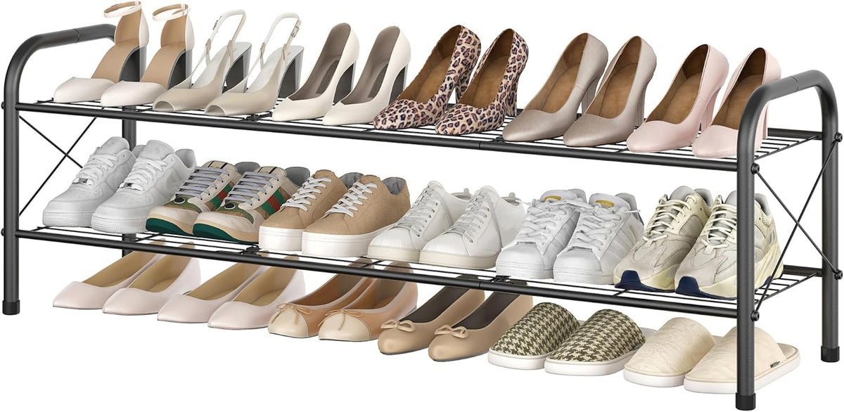 Hoctieon 2 Tier Shoe Rack for Closet, Durable Mesh Style Shoe Rack, Entryway Shoe Shelf, Shoe Storage Organizer for Hallway, Bedroom, Living Room, Wardrobe, Black