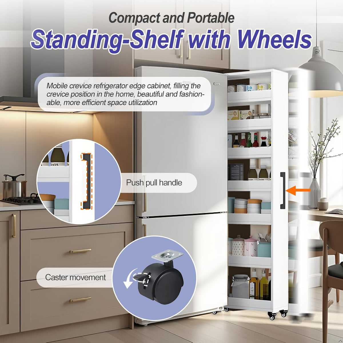 7-Tier Slim Storage Cart, Wooden Rolling Pantry Cabinet with Wheels, Narrow Shelf Organizer for Kitchen, Bakers Rack, Dining Room, Closet, Small Spaces Warm White 73.2" H*9.8" W*23.6" D