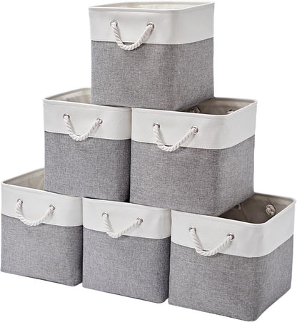 12 x 12 Inch Cube Storage Bins, 6 Pack Large Collapsible Fabric Storage Bin with Ropes, Foldable Storage Cubes for Home, Office,Closet, Clothes, Toys Organizer (White & Grey)