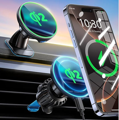 Car Mount for Qi2 MagSafe Wireless Charger, 2-in-1 Dashboard and Air Vent Mount, Strong Adhesive, Heat Resistant, 360° Rotation, Magnetic Phone Holder for Your Car Accessories for iPhone 16 Pro Max
