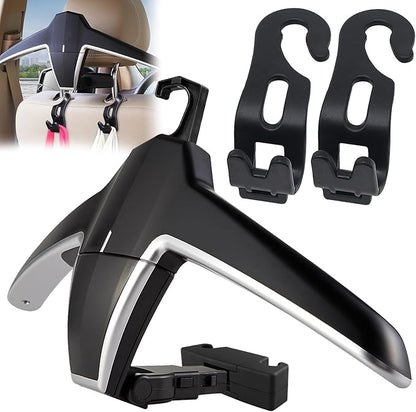 Car Back Seat Headrest Hanger 2 Car Hooks for Coat, Jacket, Suit, Clothes, Purse, Handbag, Grocery Bags - Multi-Purpose Storage Holder for Automobile - Black