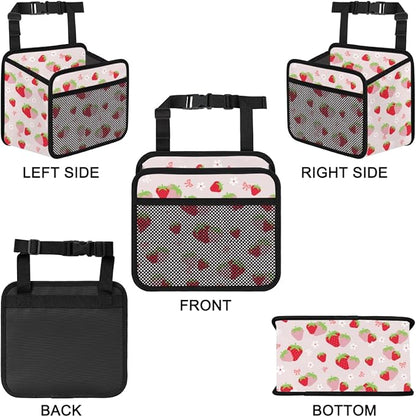 Cute Strawberry Print Car Organizer for Kids, Backseat Headrest Storage Bag, Adorable Cartoon Fruit Pattern, Foldable Waterproof PU Leather Organizer, Perfect for Mom and Baby
