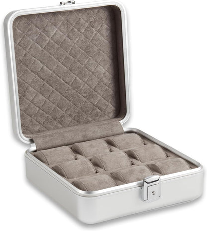 Bey-Berk Personalized Prague Aluminum 9-Slot Watch Case (Silver), Locking Travel Metal Watch Box with Quilted Interior, 9.75" x 3" x 10.25"