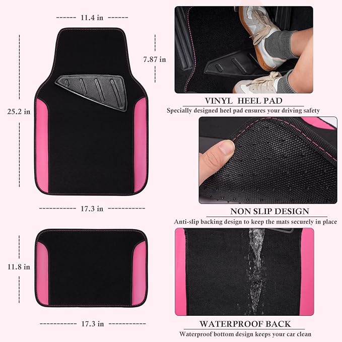CAR PASS Faux Leather Steering Wheel Cover and Waterproof Car Floor Mats,Universal Car Combo Fit for 95% Sedan,SUV,Cars,14.5-15inch Sporty Anti-Slip Safety Comfortable Design(Black＆Pink)