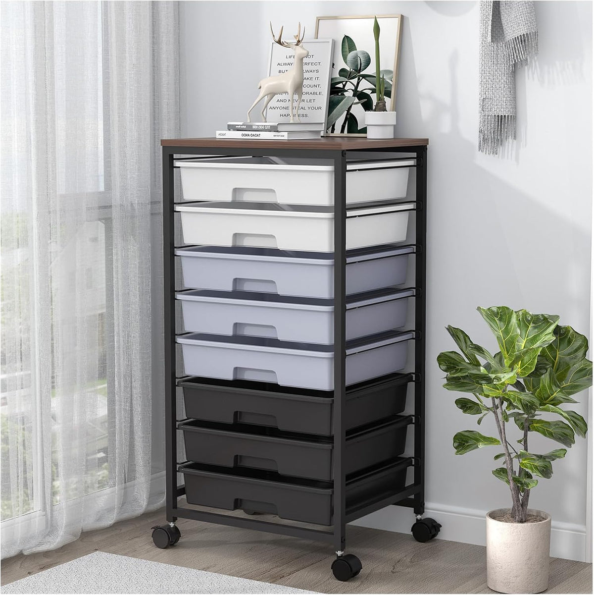 Rolling Cart with Drawers,Utility Cart With 8 Drawers and Wooden Tabletop for Living Room,Classroom,Bedroom,Bathroom,Dorm,Office,Dark Grey