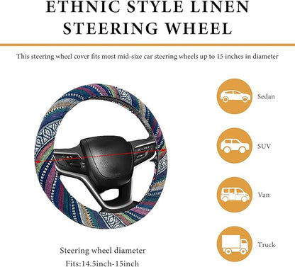 Boho Steering Wheel Cover, 15 Inch Coarse Flax Cloth Ethnic Style Anti-Slip Car Wheel Wrap, Universal Breathable Bohemian Steering Wheel Protector for Cars Vans Trucks (B)
