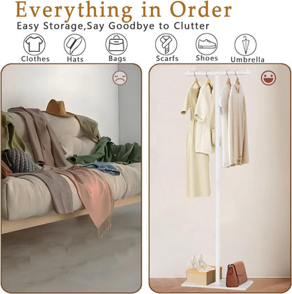 T-Shaped Metal Rack Stand, Modern Clothes Rack With Rock Slab Base,68.8 Inch Freestanding Clothing Rack Stand,Suitable For Boutiques, Entryway, Bedroom, Living Room, Hallway, (White, 68.8inch)