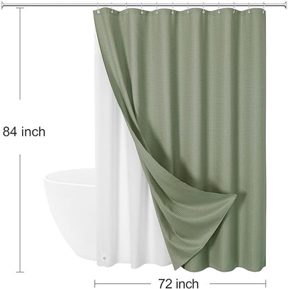 Craidlela 3 in 1 Extra Long Shower Curtain Set-72 W x 84 H, Sage Green Waffle and PEVA Liner Set with 12 Stainless Steel Hooks, Waterproof Fabric for Bathroom