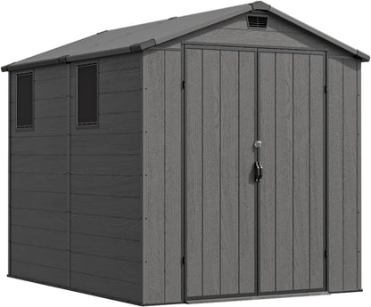 Devoko 6x8 Ft Outdoor Storage Shed - Lockable Resin Tool Shed with Window & Floor - Easy Assembly for Garden, Backyard, Dark Gray