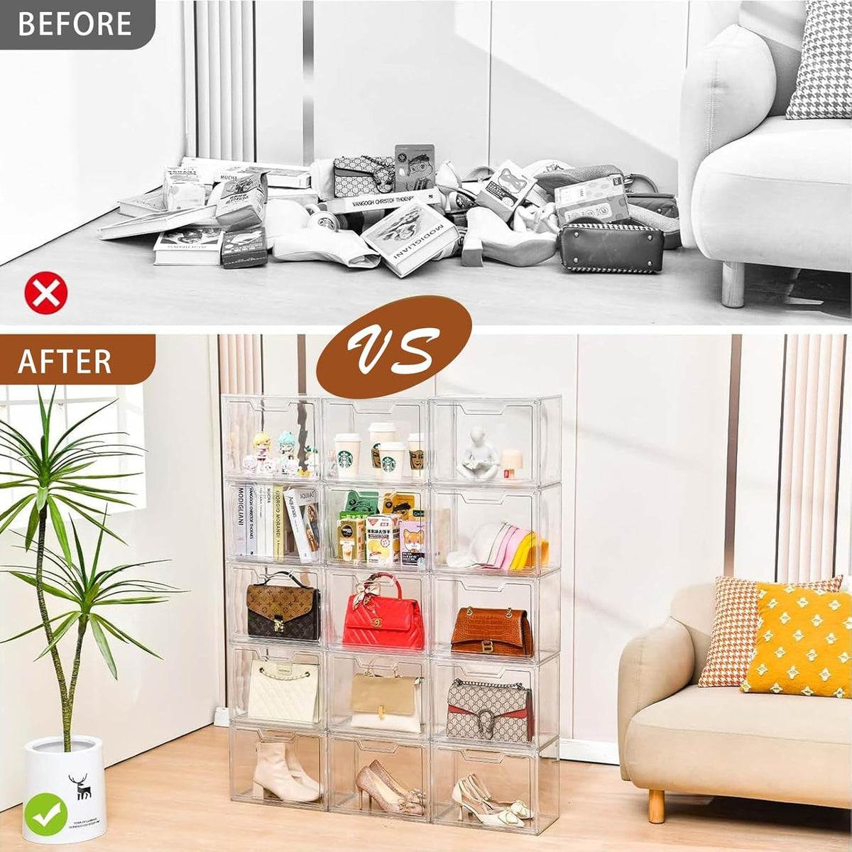 3 Pack Clear Storage Bins with Lids, Storage Containers with Magnetic Door, Stackable Acrylic Display Case for Handbags, Cosmetic, Multifunctional Storage Boxes for Dorm, Living Room, Bedroom Storage