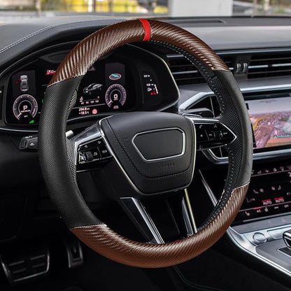 Car Steering Wheel Cover, Steering Wheel Accessories, 15 Inch Microfiber Leather Carbon Fiber Soft Anti-Slip Breathable, Car Accessories Elastic Non-Slip Cover for Most Vehicles (Coffee)
