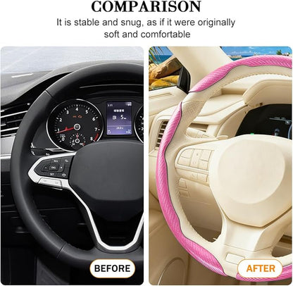 3PCS Carbon Fiber Car Steering Wheel Cover, Leather Segmented Anti-Skid Steering Wheel Protector, Snap on Automotive Interior Protection Accessories, Universal for Vehicles (Pink)