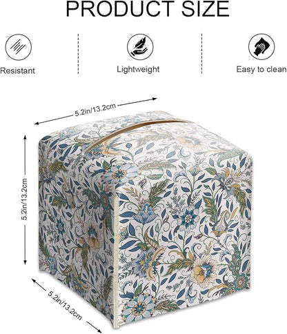 Columbia Blue Block Print Tissue Box Cover Square, Vintage Floral Leather Tissue Box Holder with Bottom Belt, Modern Home Decoration for Nightstands, Dining Table, Office, Car -16