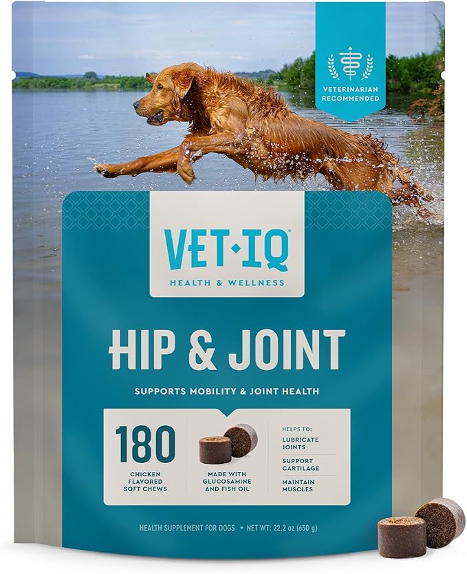 VetIQ Glucosamine Hip & Joint Supplement for Dogs, 180 Soft Chews, Joint Support Supplement with MSM and Krill, Dog Health Supplies Large & Small Breed, Chicken Flavored Chewables