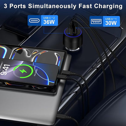 Super Fast Type C Car Charger for Samsung Galaxy S26 S25 Ultra A17 A16 iPhone 17 Pro Max 17e Pixel 10a 10 9 Pro Android USB-C&USB-A 3 Port PD36W with QC30W Car Phone Charger Cigarette Lighter Adapter