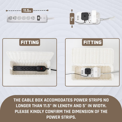 Cable Management Box, Handmade Rattan Cable Organizer, 2 Open Slots Cords Hider Box, Under Desk Cord Organizer for Computer Router USB Hub & Power Strip, Patent Pending, 13" x 5.1" x 5.1", White