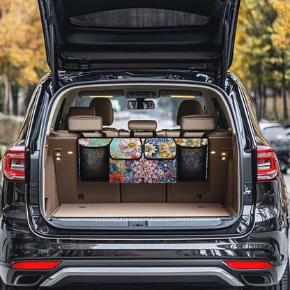 Boho Car Trunk Organizer Oxford Cloth, Mandala Flower Car Storage Organizer (37.01"*11.8") Portable Car Storage Bag with 4 Pocekt, Hanging Car Organizer for SUV/MPV/Truck, Machine Washable